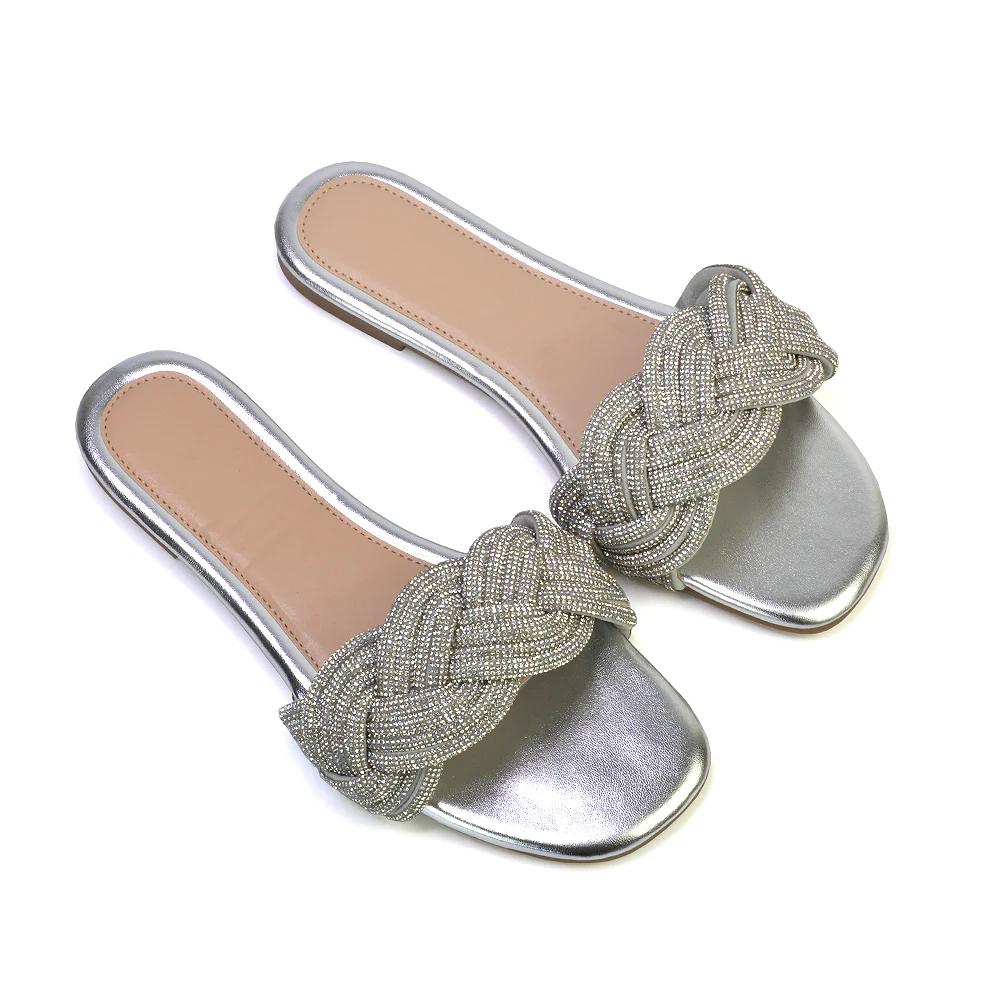 Robin Strappy Square Toe Metallic Summer Diamante Flat Sandal Slides in Gold - Image 36