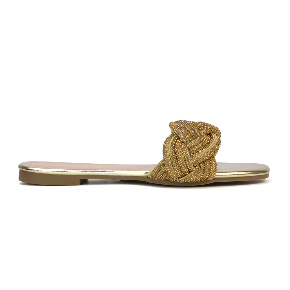 Robin Strappy Square Toe Metallic Summer Diamante Flat Sandal Slides in Gold - Image 75