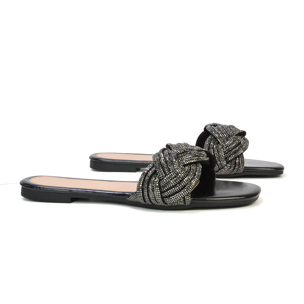 Robin Strappy Square Toe Metallic Summer Diamante Flat Sandal Slides in Gold - Image 79