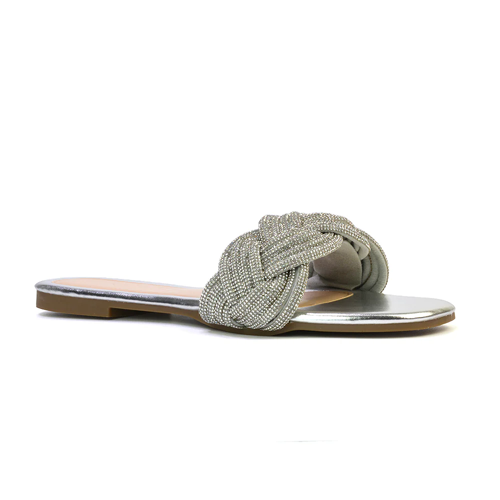 Robin Strappy Square Toe Metallic Summer Diamante Flat Sandal Slides in Gold - Image 8