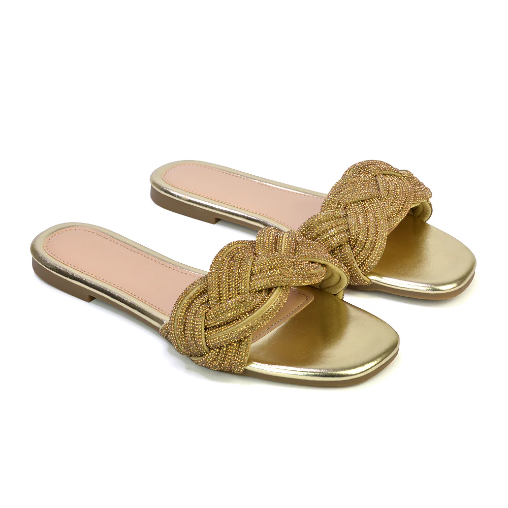 Robin Strappy Square Toe Metallic Summer Diamante Flat Sandal Slides in Silver - Image 64