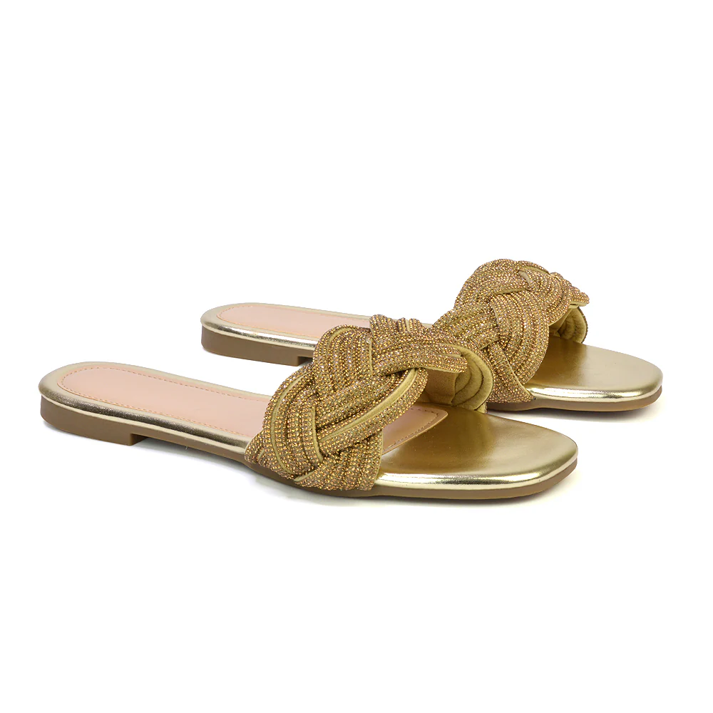 Robin Strappy Square Toe Metallic Summer Diamante Flat Sandal Slides in Silver - Image 71