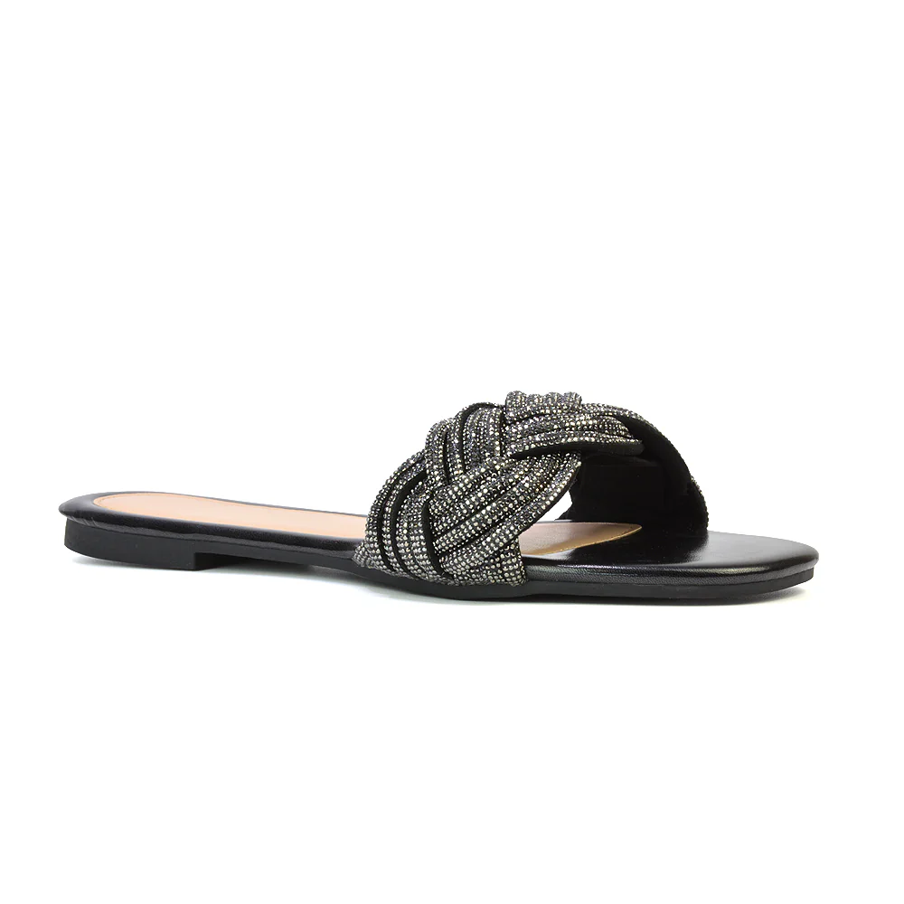 Robin Strappy Square Toe Metallic Summer Diamante Flat Sandal Slides in Silver - Image 92