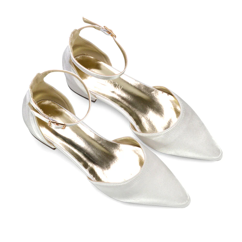 Robyn Pointed Toe Low Block Heel Strappy Bridal Court Shoes in Ivory Satin - Image 3