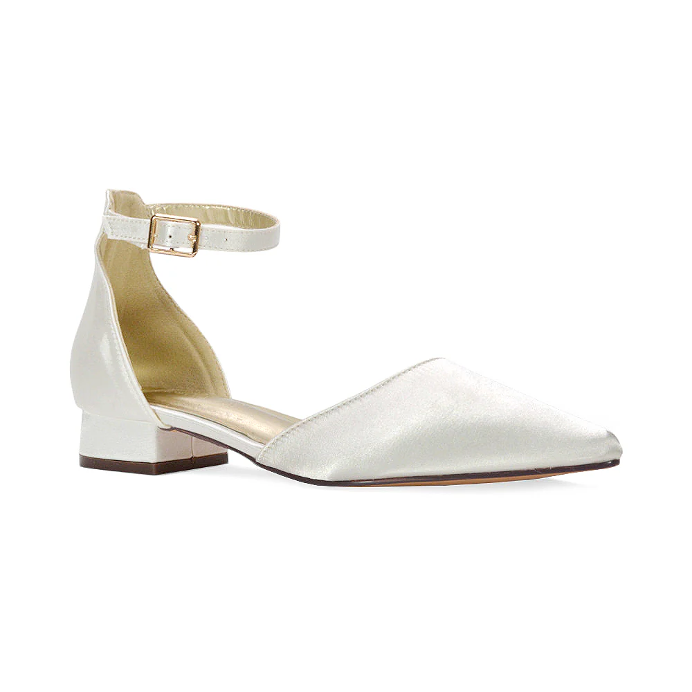 Robyn Pointed Toe Low Block Heel Strappy Bridal Court Shoes in Ivory Satin - Image 5