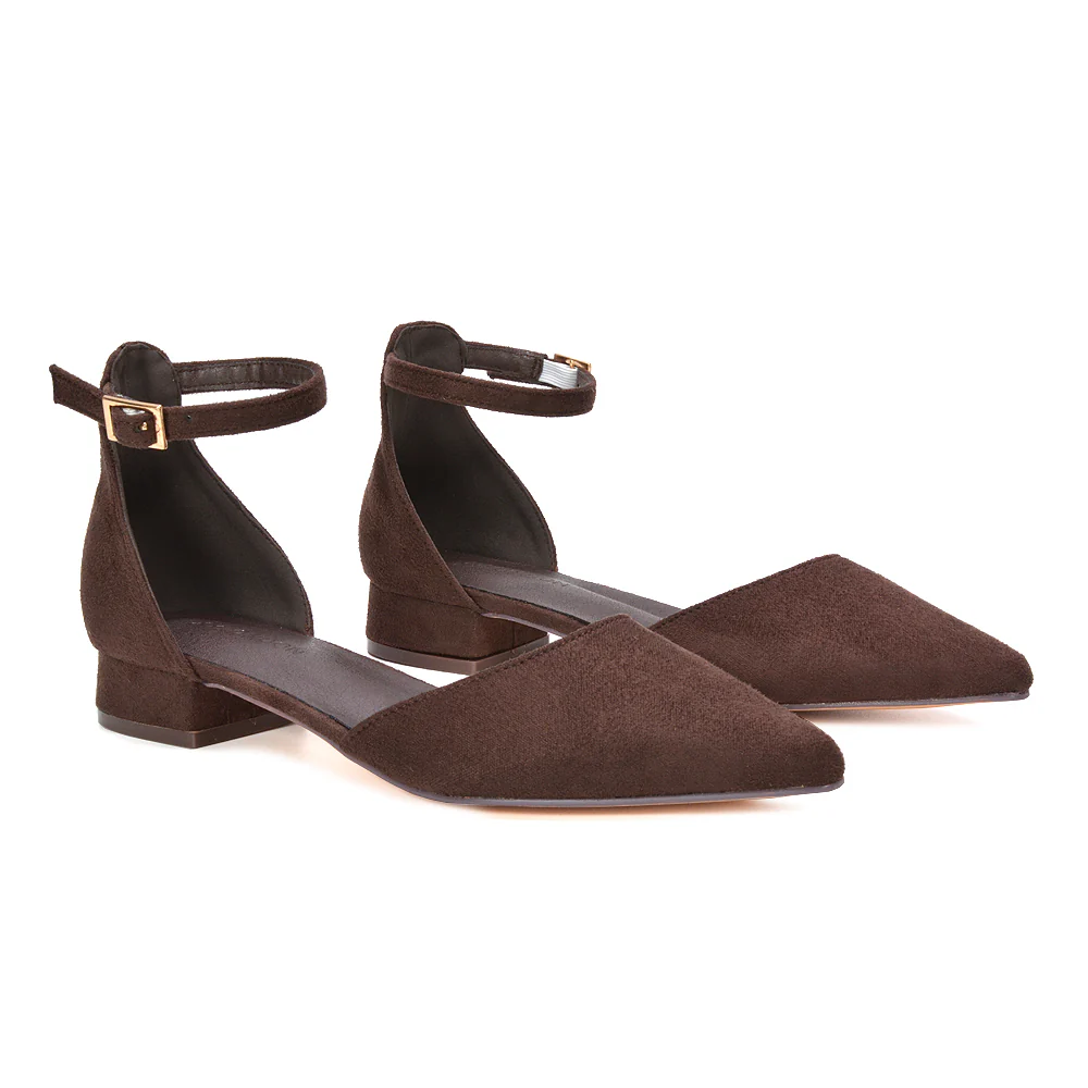 Robyn Pointed Toe Low Heel Strappy Court Shoes in Brown Faux Suede - Image 4