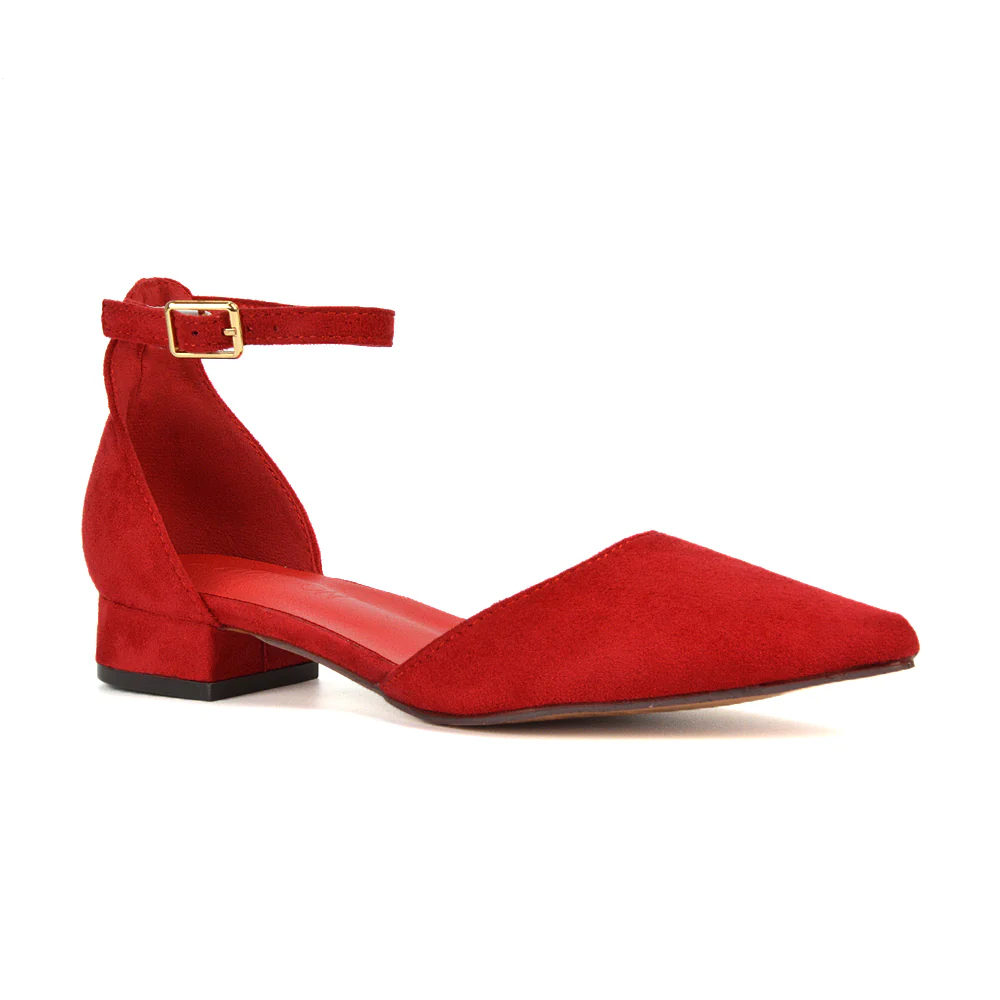 Robyn Pointed Toe Low Heel Strappy Court Shoes in Brown Faux Suede - Image 24