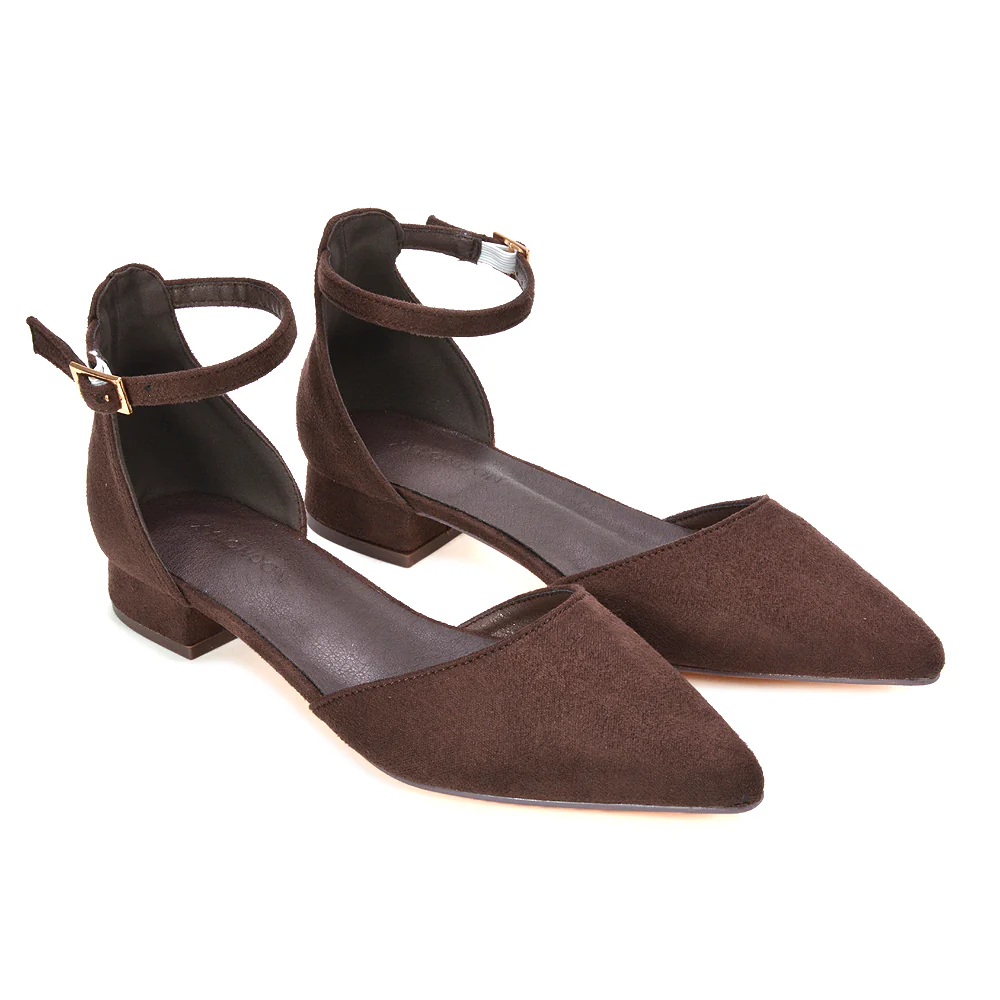 Robyn Pointed Toe Low Heel Strappy Court Shoes in Brown Faux Suede - Image 2