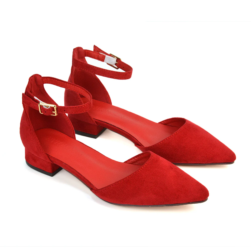 Robyn Pointed Toe Low Heel Strappy Court Shoes in Black Faux Suede - Image 30