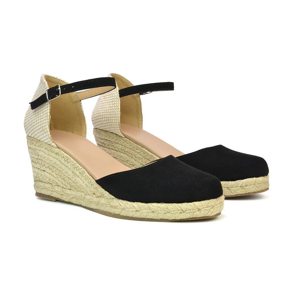 Rocky Closed Toe Strappy Espadrille Sandal Wedge Mid Heels in Black - Image 2