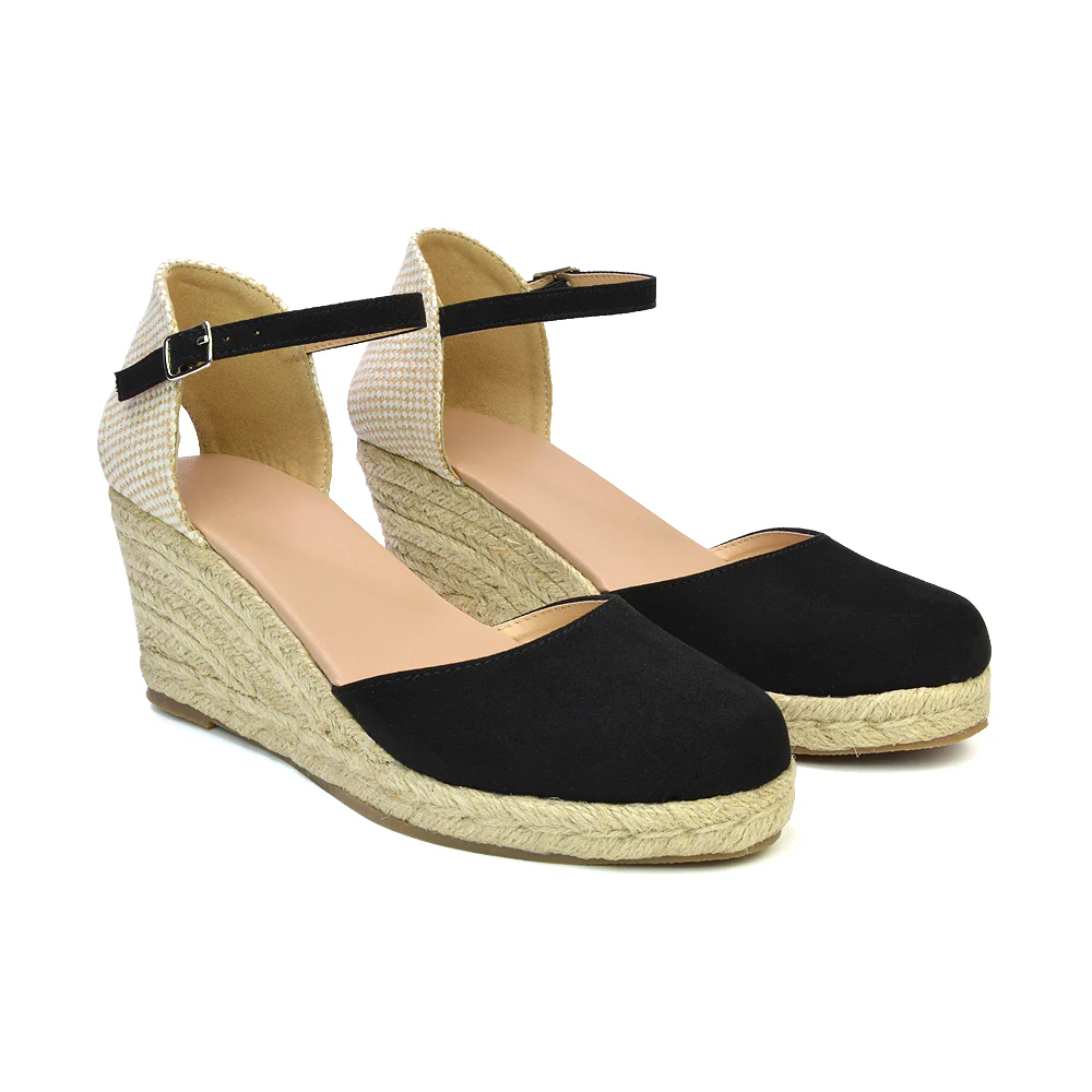 Rocky Closed Toe Strappy Espadrille Sandal Wedge Mid Heels in Black - Image 6