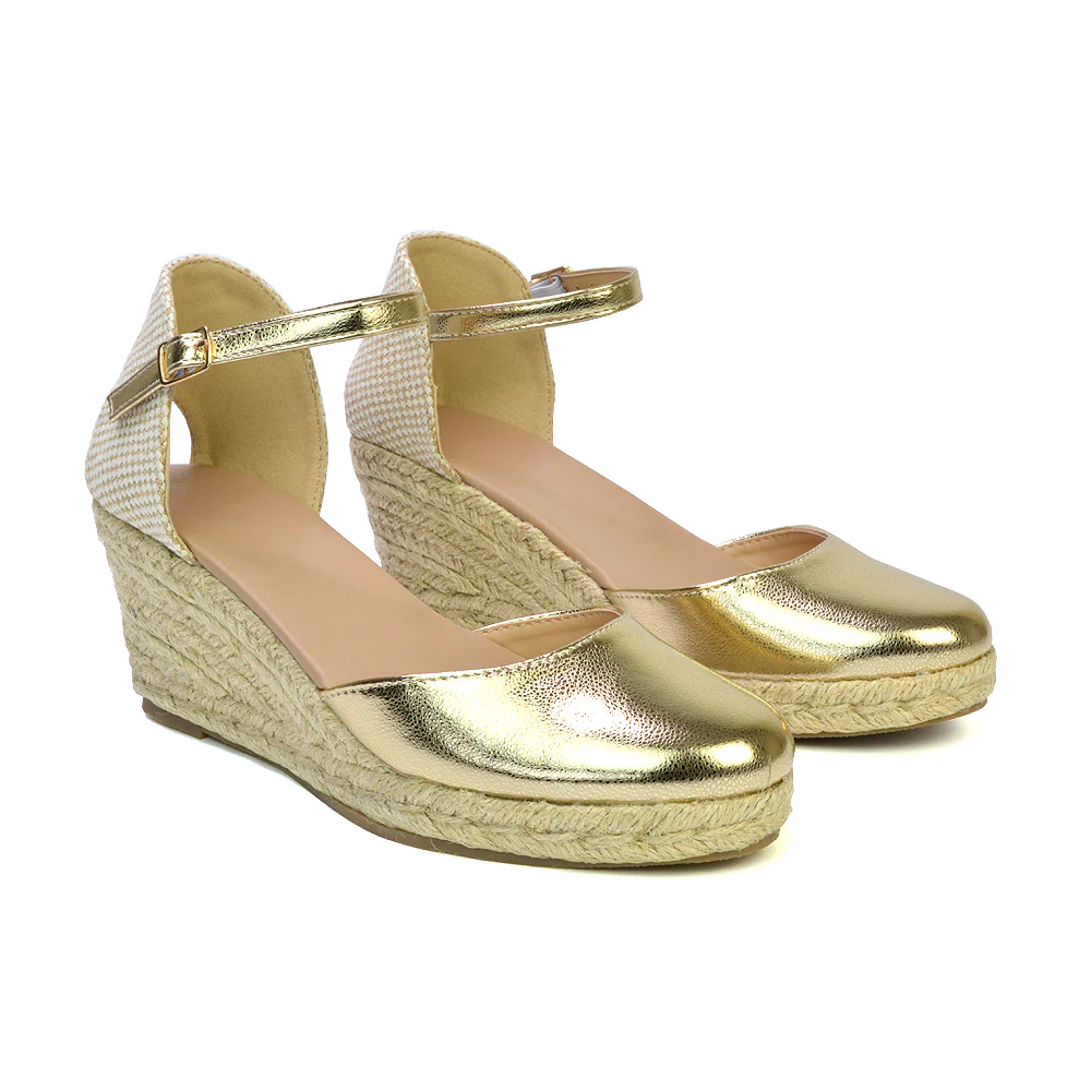 Rocky Closed Toe Strappy Espadrille Sandal Wedge Mid Heels in Nude - Image 24