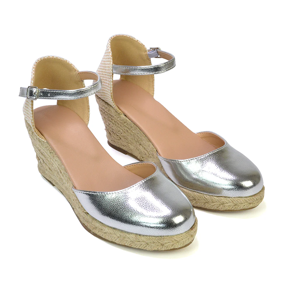 Rocky Closed Toe Strappy Espadrille Sandal Wedge Mid Heels in Silver - Image 3