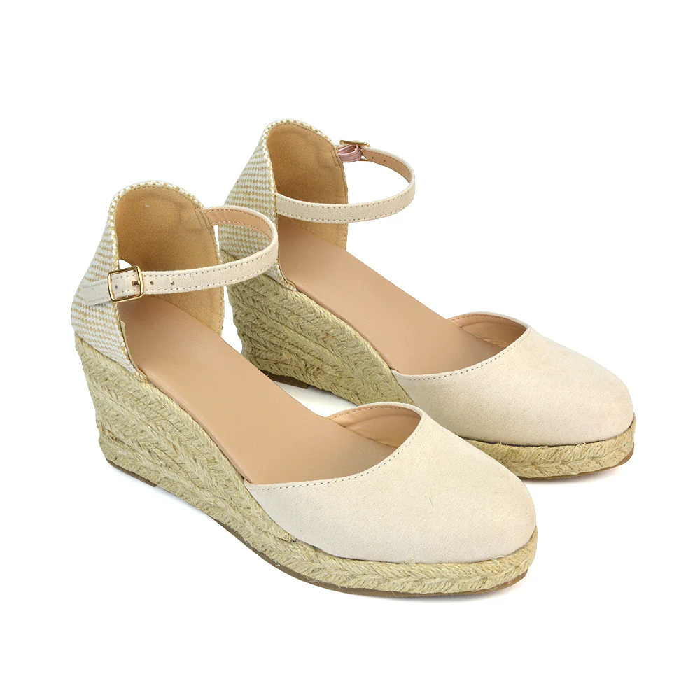 Rocky Closed Toe Strappy Espadrille Sandal Wedge Mid Heels in White - Image 10