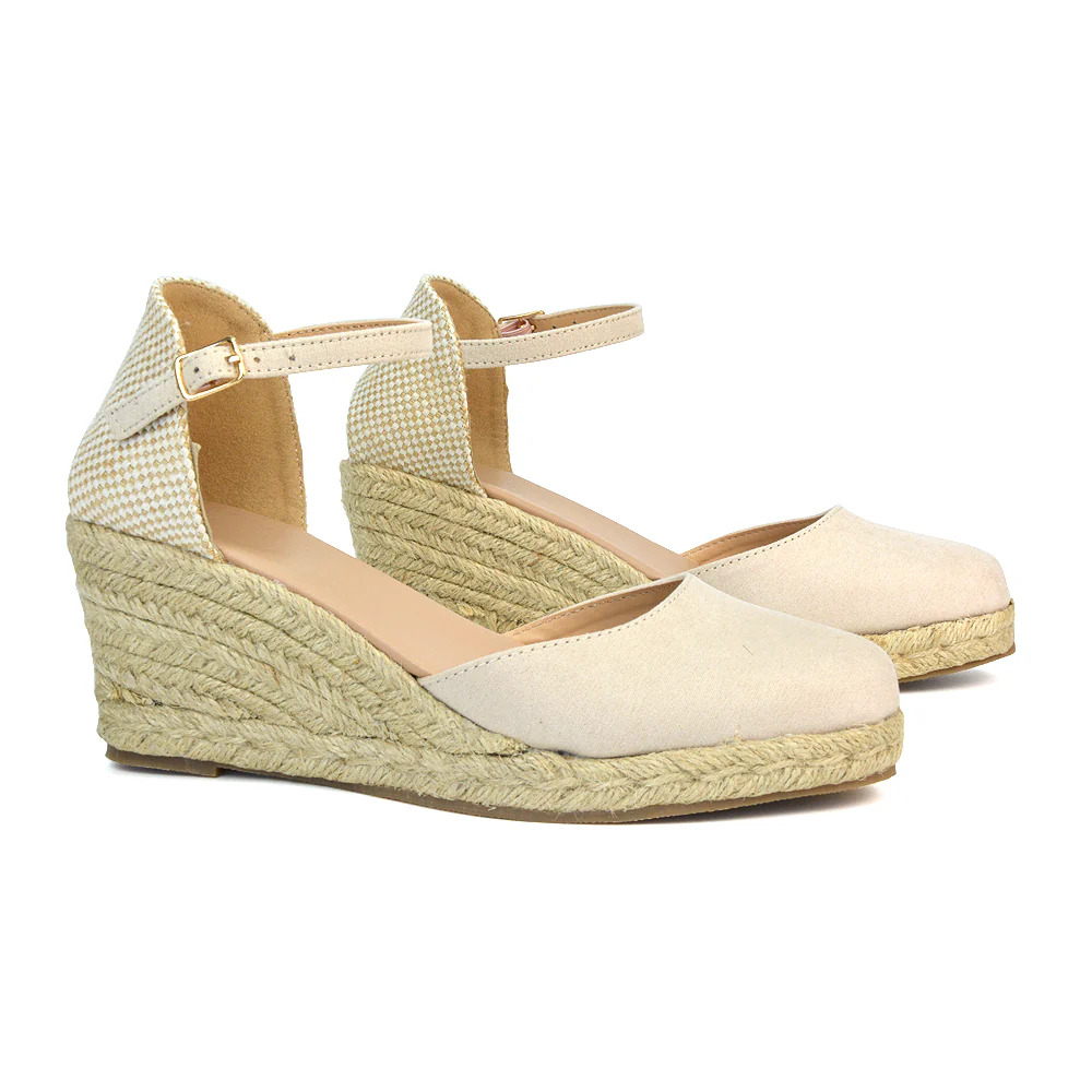 Rocky Closed Toe Strappy Espadrille Sandal Wedge Mid Heels in White - Image 12