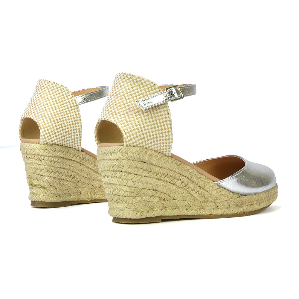 Rocky Closed Toe Strappy Espadrille Sandal Wedge Mid Heels in White - Image 16