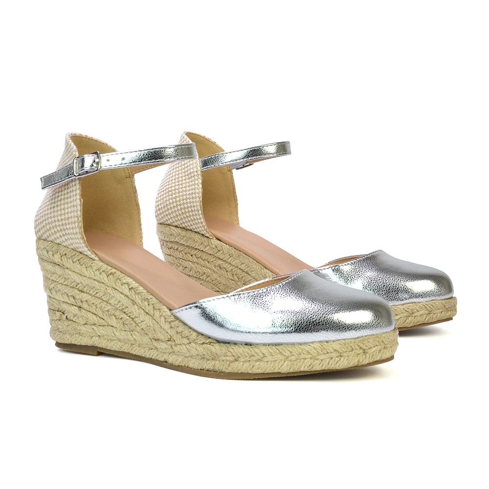 Rocky Closed Toe Strappy Espadrille Sandal Wedge Mid Heels in White - Image 17