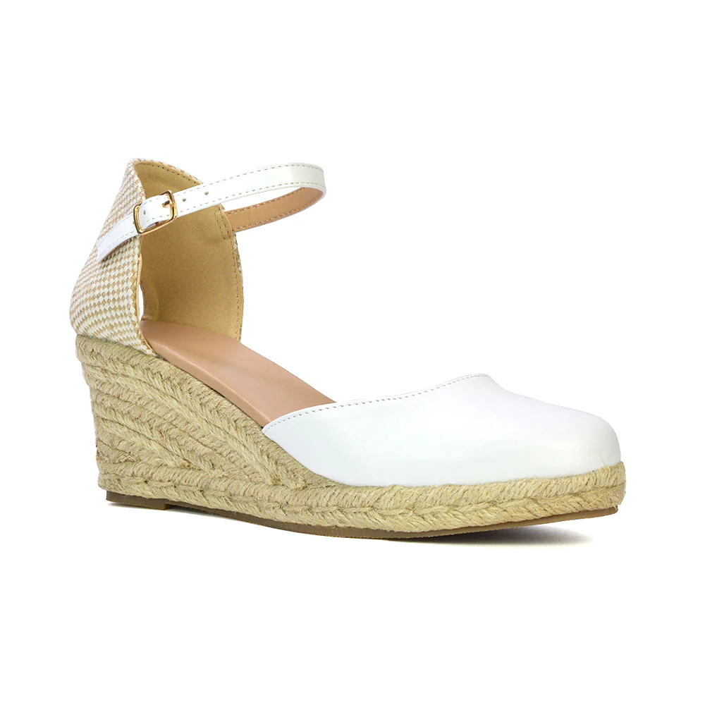 Rocky Closed Toe Strappy Espadrille Sandal Wedge Mid Heels in White - Image 3