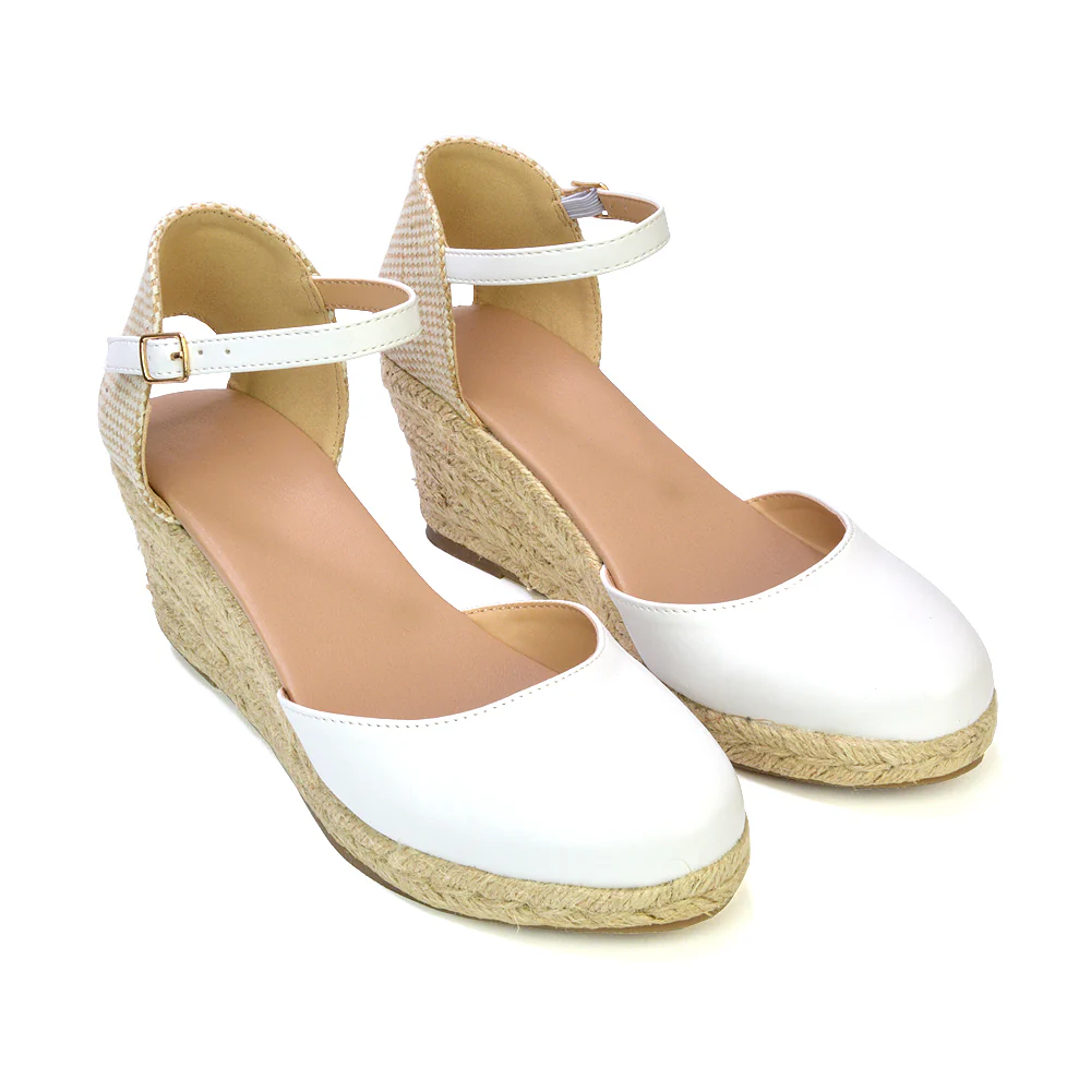 Rocky Closed Toe Strappy Espadrille Sandal Wedge Mid Heels in White - Image 4
