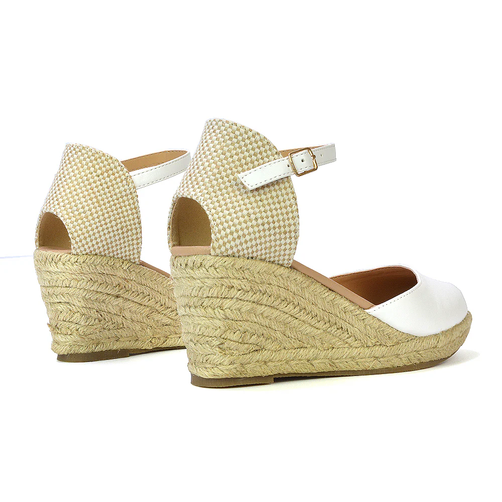 Rocky Closed Toe Strappy Espadrille Sandal Wedge Mid Heels in White - Image 6