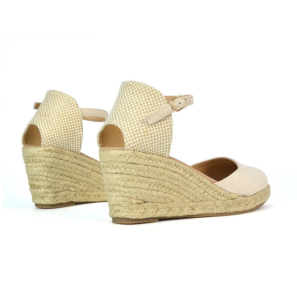 Rocky Closed Toe Strappy Espadrille Sandal Wedge Mid Heels in White - Image 8