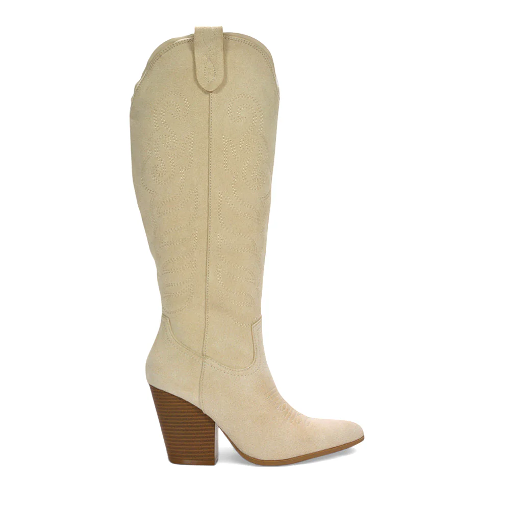 Rodeo Knee High Faux Suede Western Block Heel Festival Cowboy Boots in Taupe - Image 9
