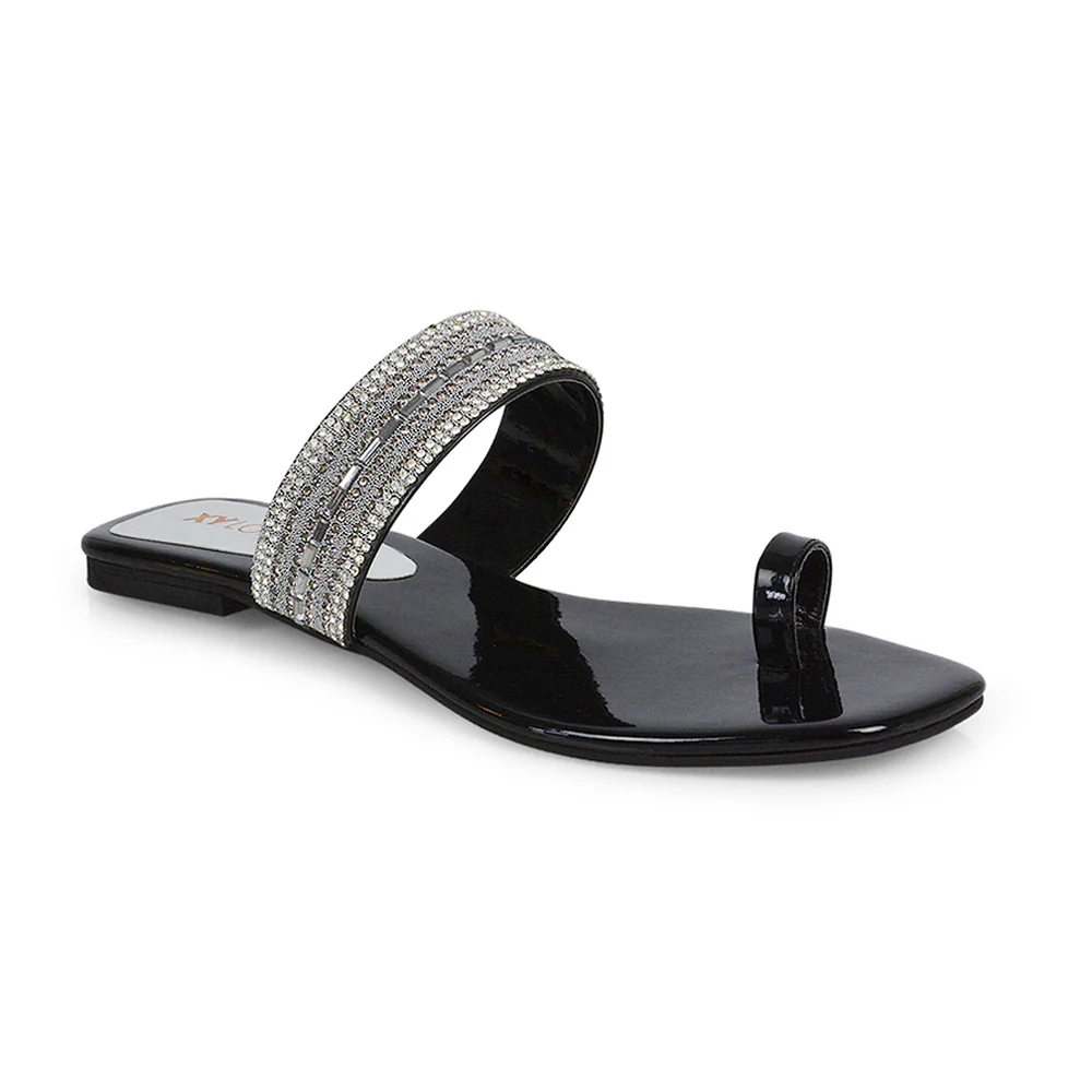 Rogan Strappy Slip on Toe Post Ring Diamante Flat Sandal Sliders in Black - Image 112