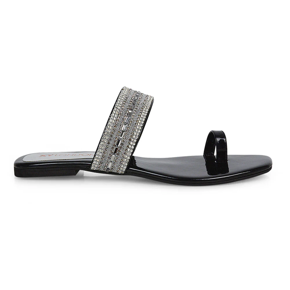 Rogan Strappy Slip on Toe Post Ring Diamante Flat Sandal Sliders in Black - Image 3