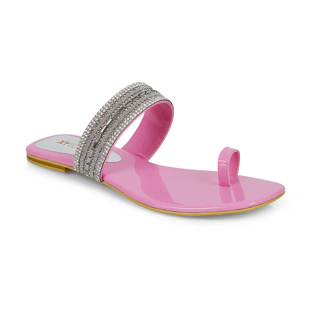 Rogan Strappy Slip on Toe Post Ring Diamante Flat Sandal Sliders in Black - Image 47