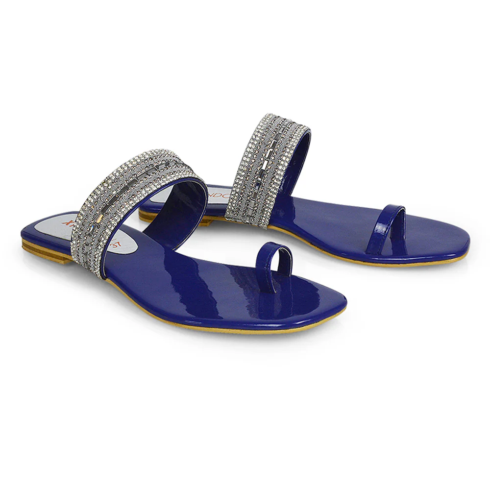 Rogan Strappy Slip on Toe Post Ring Diamante Flat Sandal Sliders in Black - Image 9
