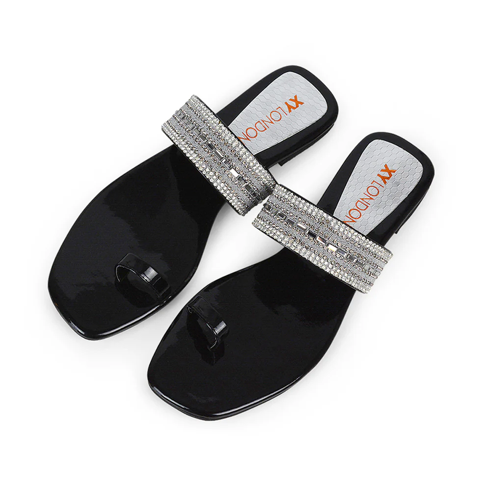 Rogan Strappy Slip on Toe Post Ring Diamante Flat Sandal Sliders in Navy - Image 101