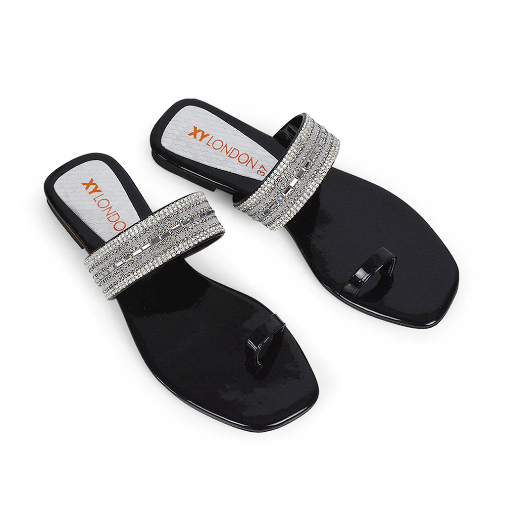 Rogan Strappy Slip on Toe Post Ring Diamante Flat Sandal Sliders in Navy - Image 115