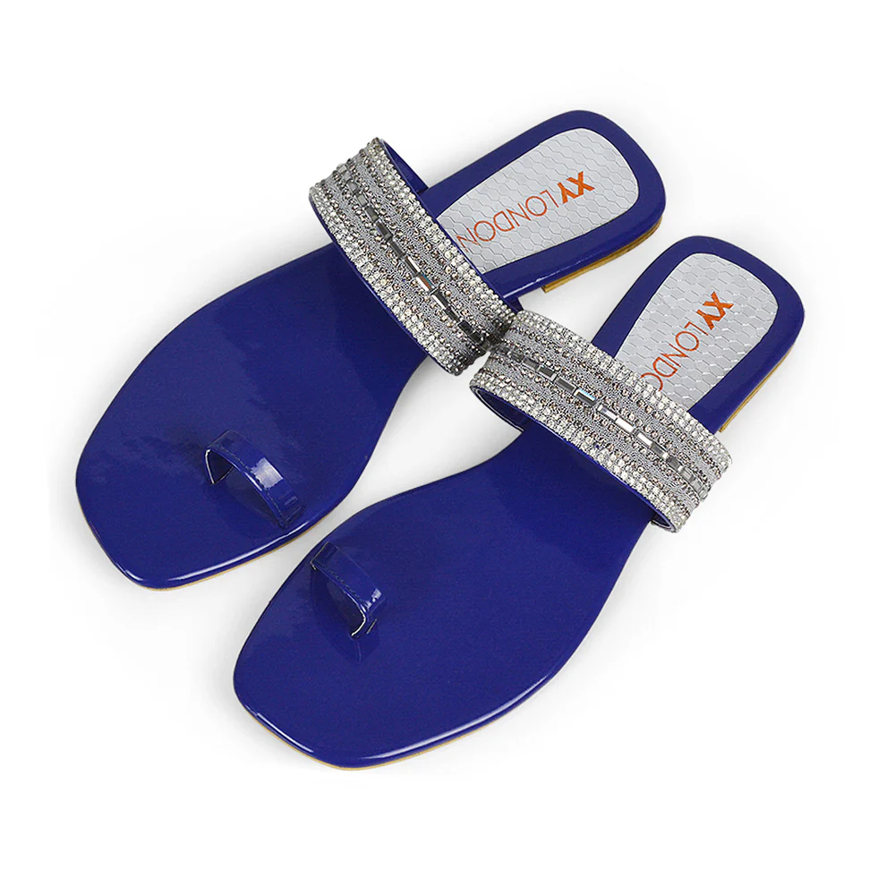 Rogan Strappy Slip on Toe Post Ring Diamante Flat Sandal Sliders in Navy - Image 16