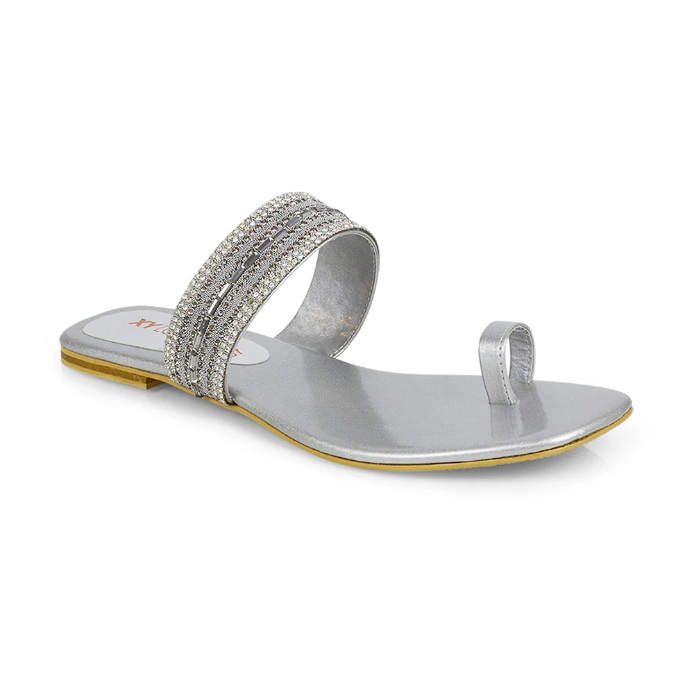 Rogan Strappy Slip on Toe Post Ring Diamante Flat Sandal Sliders in Navy - Image 67