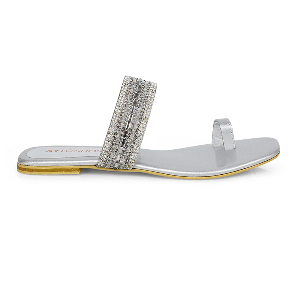 Rogan Strappy Slip on Toe Post Ring Diamante Flat Sandal Sliders in Navy - Image 73