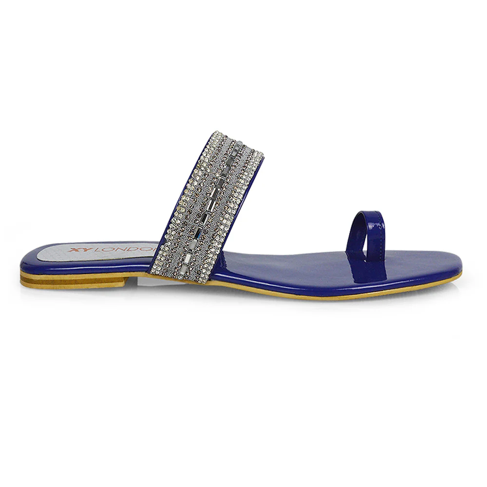 Rogan Strappy Slip on Toe Post Ring Diamante Flat Sandal Sliders in Navy - Image 8