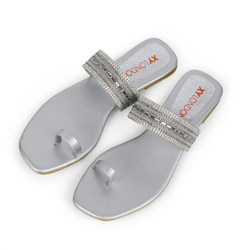 Rogan Strappy Slip on Toe Post Ring Diamante Flat Sandal Sliders in Navy - Image 86