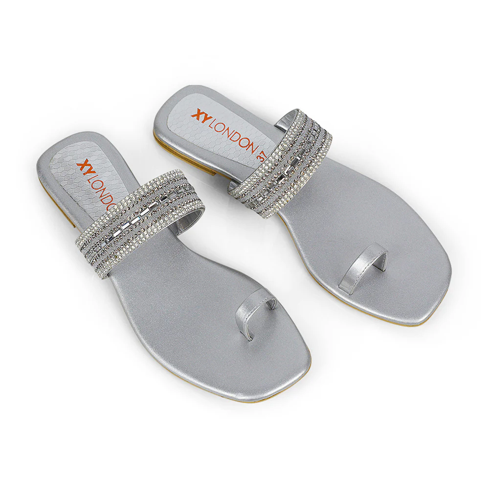 Rogan Strappy Slip on Toe Post Ring Diamante Flat Sandal Sliders in Navy - Image 95