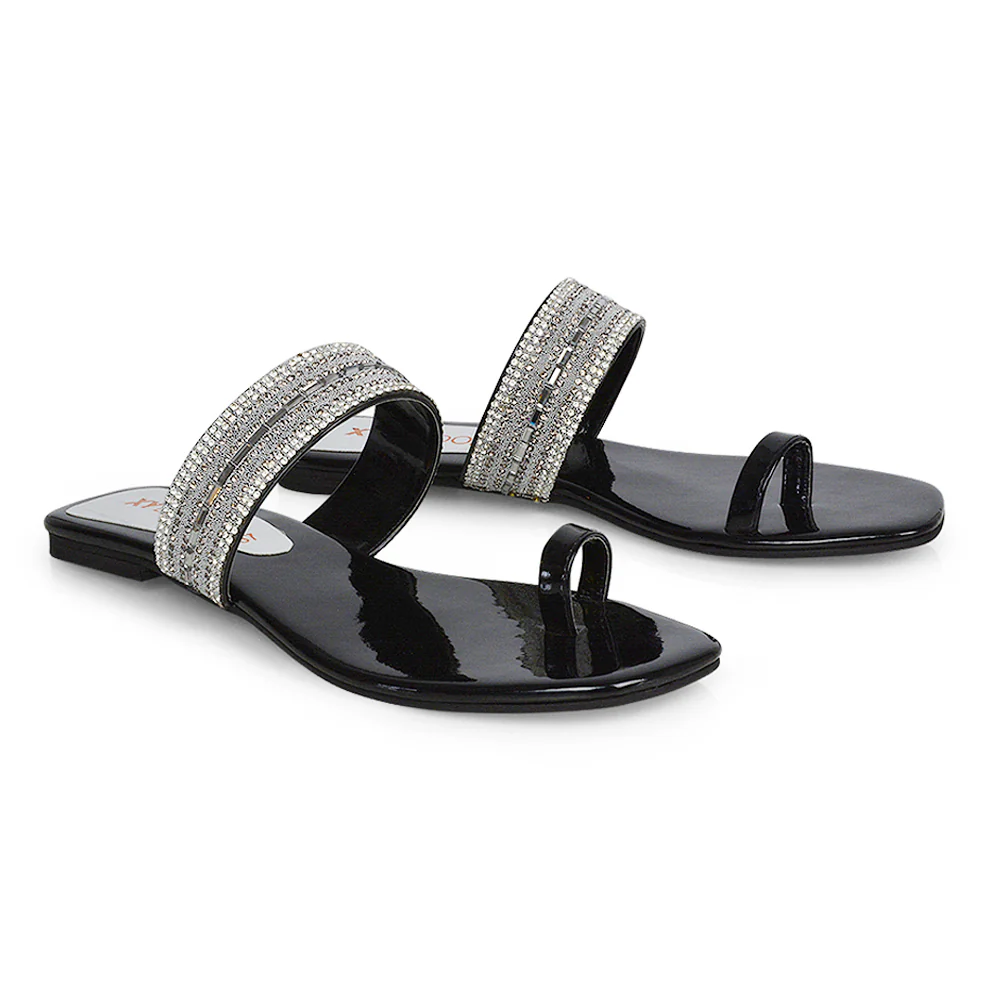 Rogan Strappy Slip on Toe Post Ring Diamante Flat Sandal Sliders in Pink - Image 124
