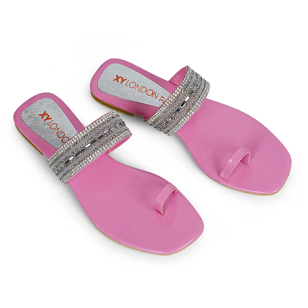 Rogan Strappy Slip on Toe Post Ring Diamante Flat Sandal Sliders in Pink - Image 40