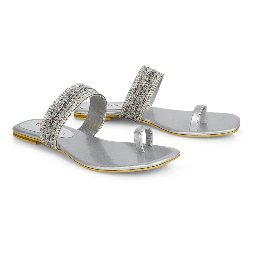 Rogan Strappy Slip on Toe Post Ring Diamante Flat Sandal Sliders in Silver - Image 104