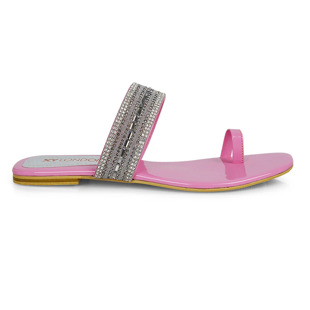 Rogan Strappy Slip on Toe Post Ring Diamante Flat Sandal Sliders in Silver - Image 48