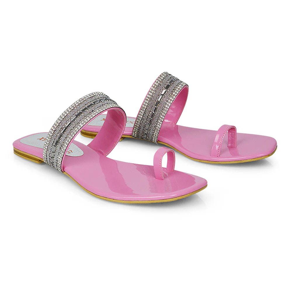 Rogan Strappy Slip on Toe Post Ring Diamante Flat Sandal Sliders in Silver - Image 54