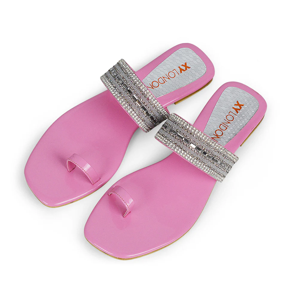 Rogan Strappy Slip on Toe Post Ring Diamante Flat Sandal Sliders in Silver - Image 66