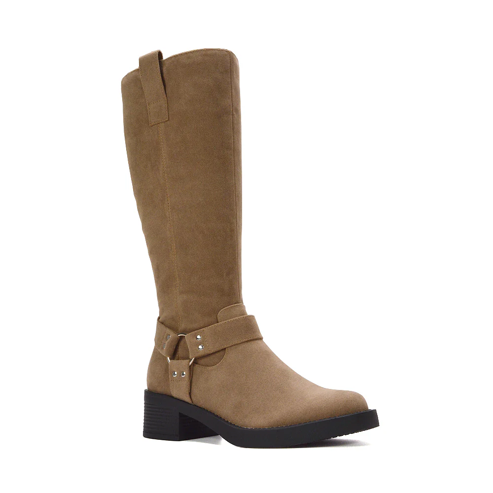 Roma Knee High Biker Block Heel Chunky Square Toe Western Boots in Black Synthetic Leather - Image 8