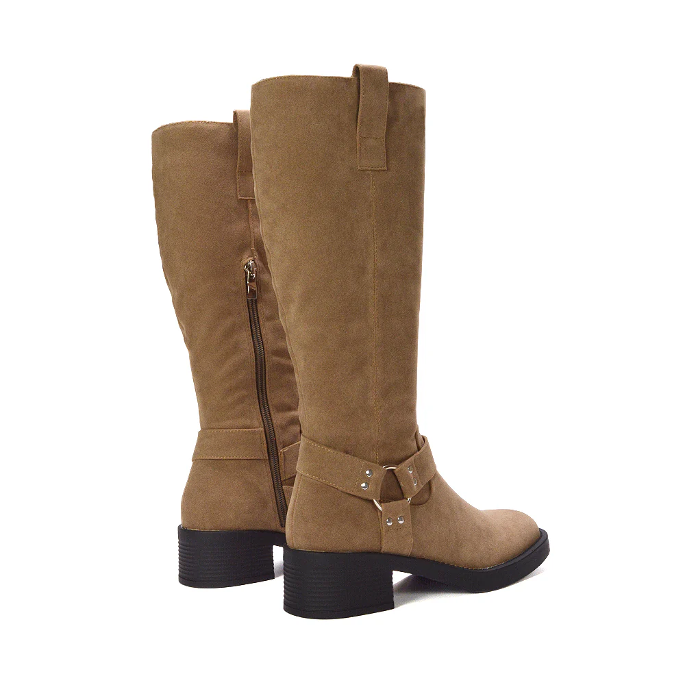 Roma Knee High Biker Block Heel Chunky Square Toe Western Boots in Black Synthetic Leather - Image 10