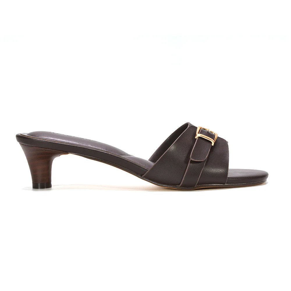 Romee Buckle Strap Slip On Low Kitten Heel Mule Sandals in Brown Synthetic Leather - Image 3