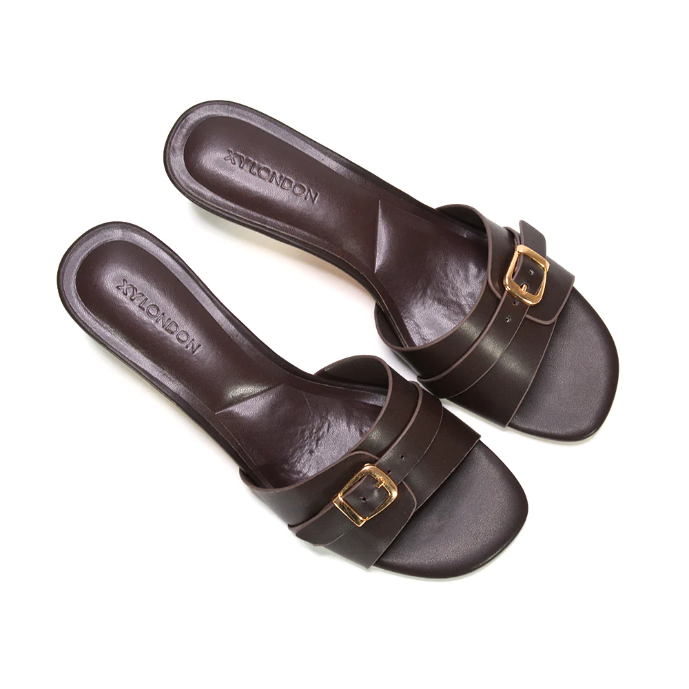Romee Buckle Strap Slip On Low Kitten Heel Mule Sandals in Brown Synthetic Leather - Image 4