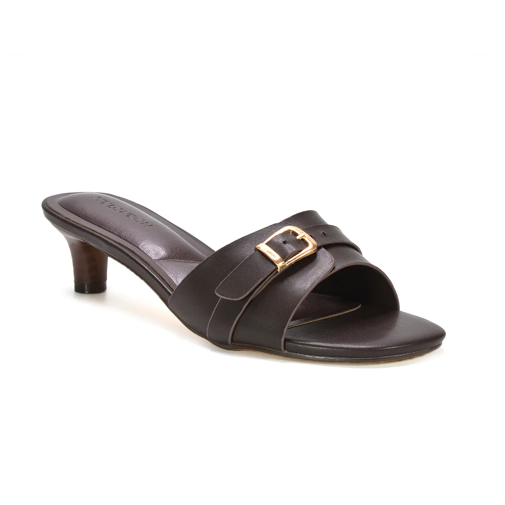Romee Buckle Strap Slip On Low Kitten Heel Mule Sandals in Brown Synthetic Leather - Image 5