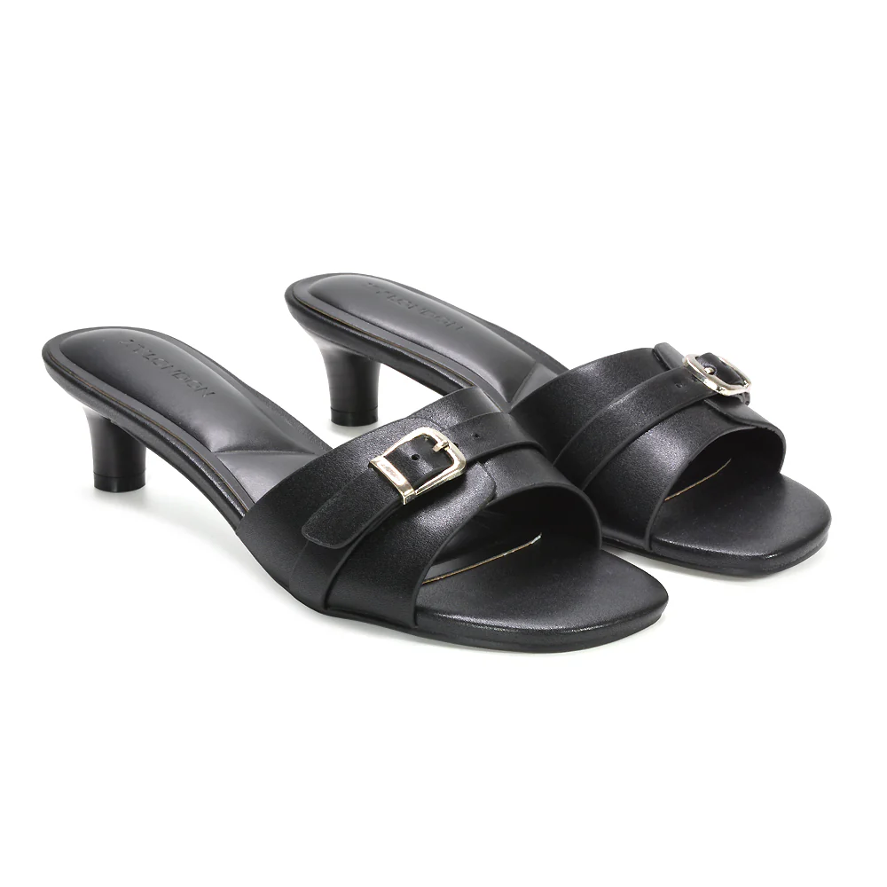 Romee Buckle Strap Slip On Low Kitten Heel Mule Sandals in Brown Synthetic Leather - Image 7